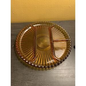 Old Indiana Colony Glass Amber Ribbed 4 Section Divided 10" Serving‎ Plate Tray